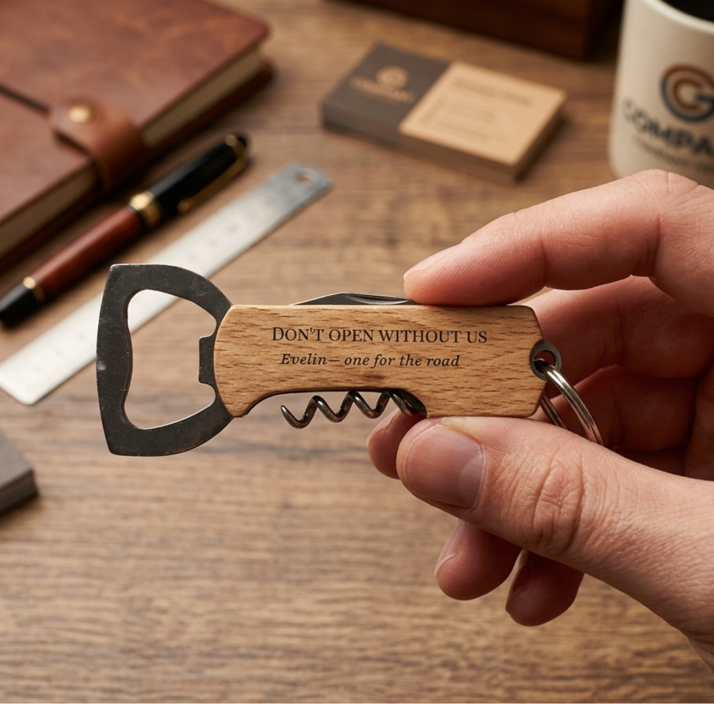 Personalised Bottle Opener Keyring – Engraved Wood Gift for Him