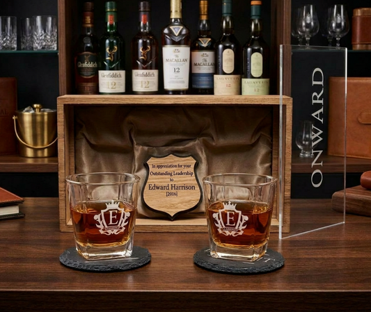 Personalised Wooden Whiskey Gift Set — Engraved Shadow Box with Two Glasses & Custom Plaque