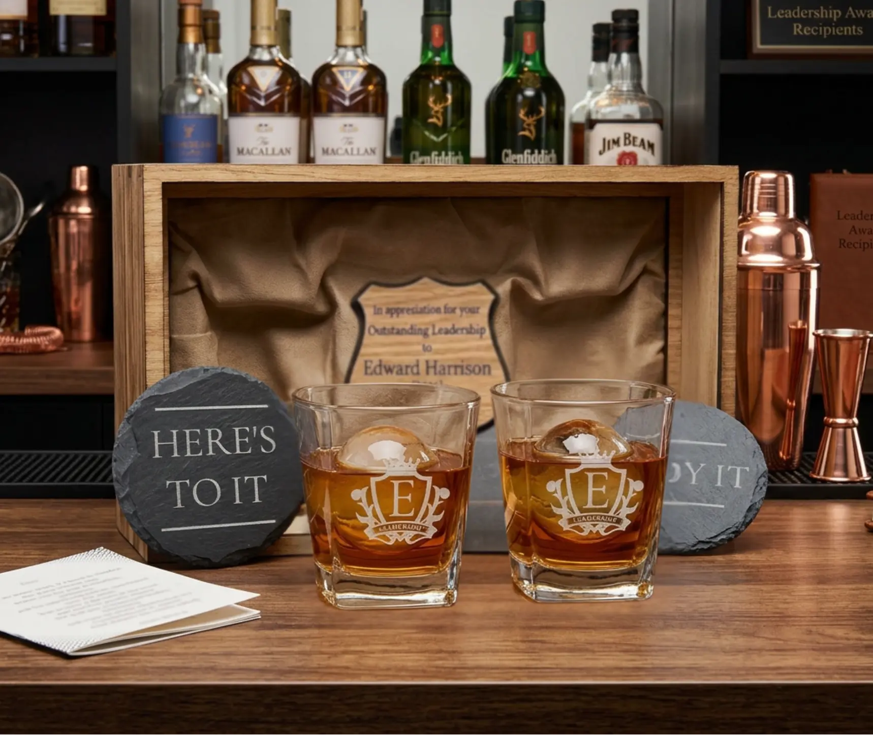 Personalised Wooden Whiskey Gift Set — Engraved Shadow Box with Two Glasses & Custom Plaque Krevana Personalised Wooden Whiskey Gift Set — Engraved Shadow Box with Two Glasses & Custom Plaque