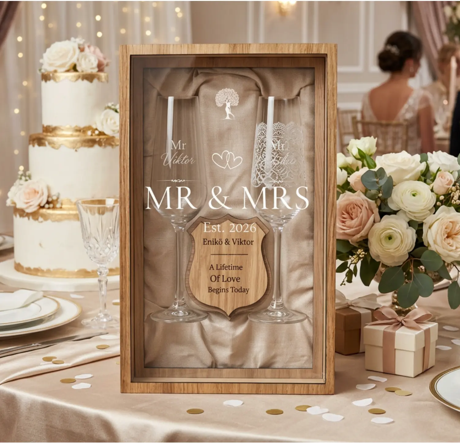 Personalized Wooden Box Wedding Gift Set — Crystal Champagne Flutes in Wooden Shadow Box UK Krevana Personalized Wooden Box Wedding Gift Set — Crystal Champagne Flutes in Wooden Shadow Box UK