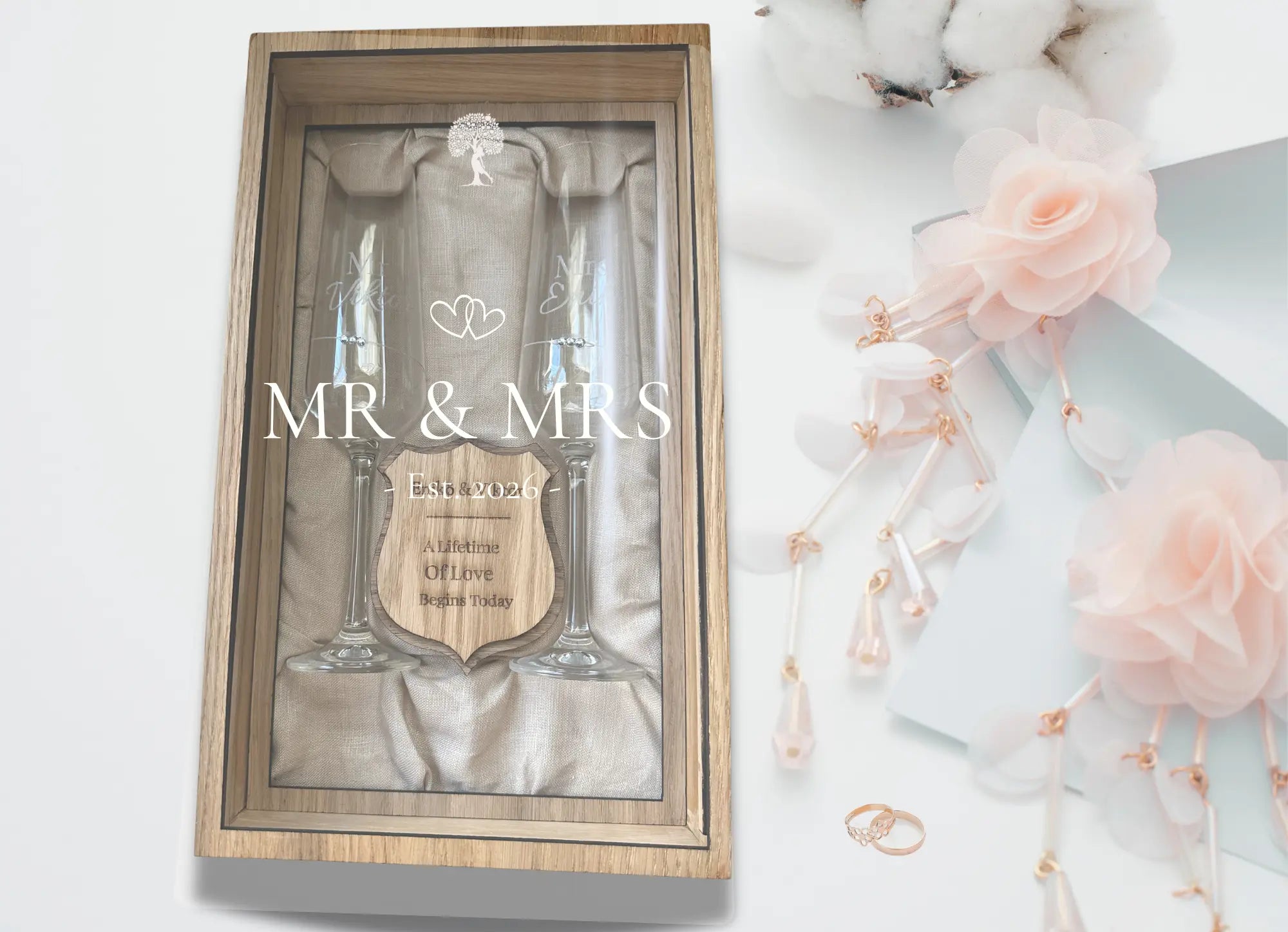Personalised Wooden Box Wedding Gift Set — Crystal Champagne Flutes in Wooden Shadow Box UK Krevana Personalised Wooden Box Wedding Gift Set — Crystal Champagne Flutes in Wooden Shadow Box UK